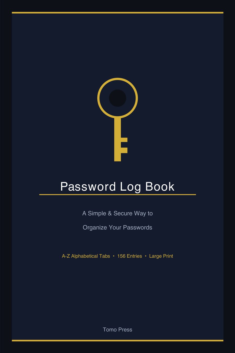 Cover of Password Log Book — a gold key on a navy field.